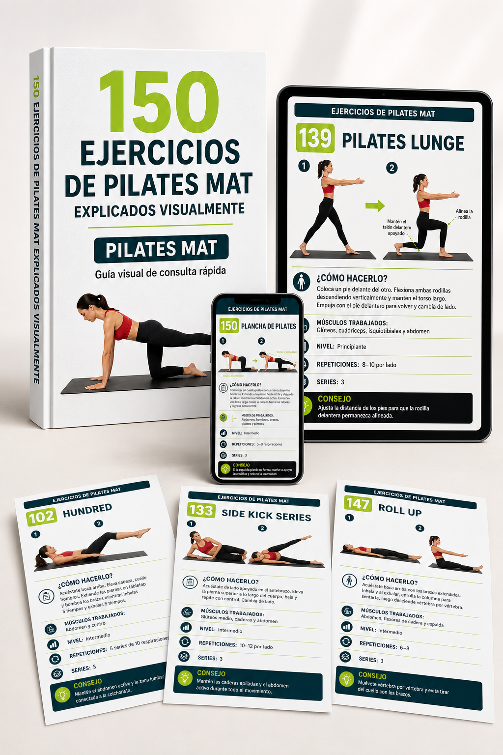 Mockup de 150 ejercicios de Pilates Mat explicados visualmente