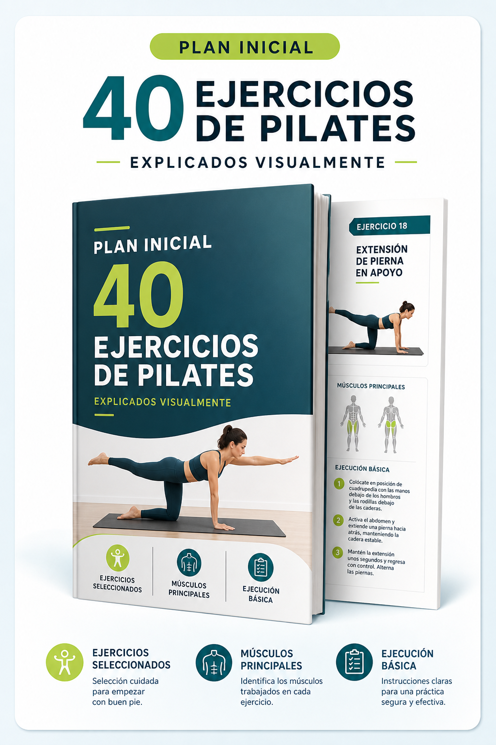 Mockup del Plan Inicial con 40 ejercicios de Pilates explicados visualmente