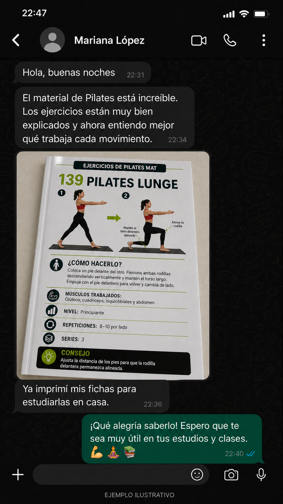 Ejemplo ilustrativo de conversación de Mariana López sobre el material de Pilates