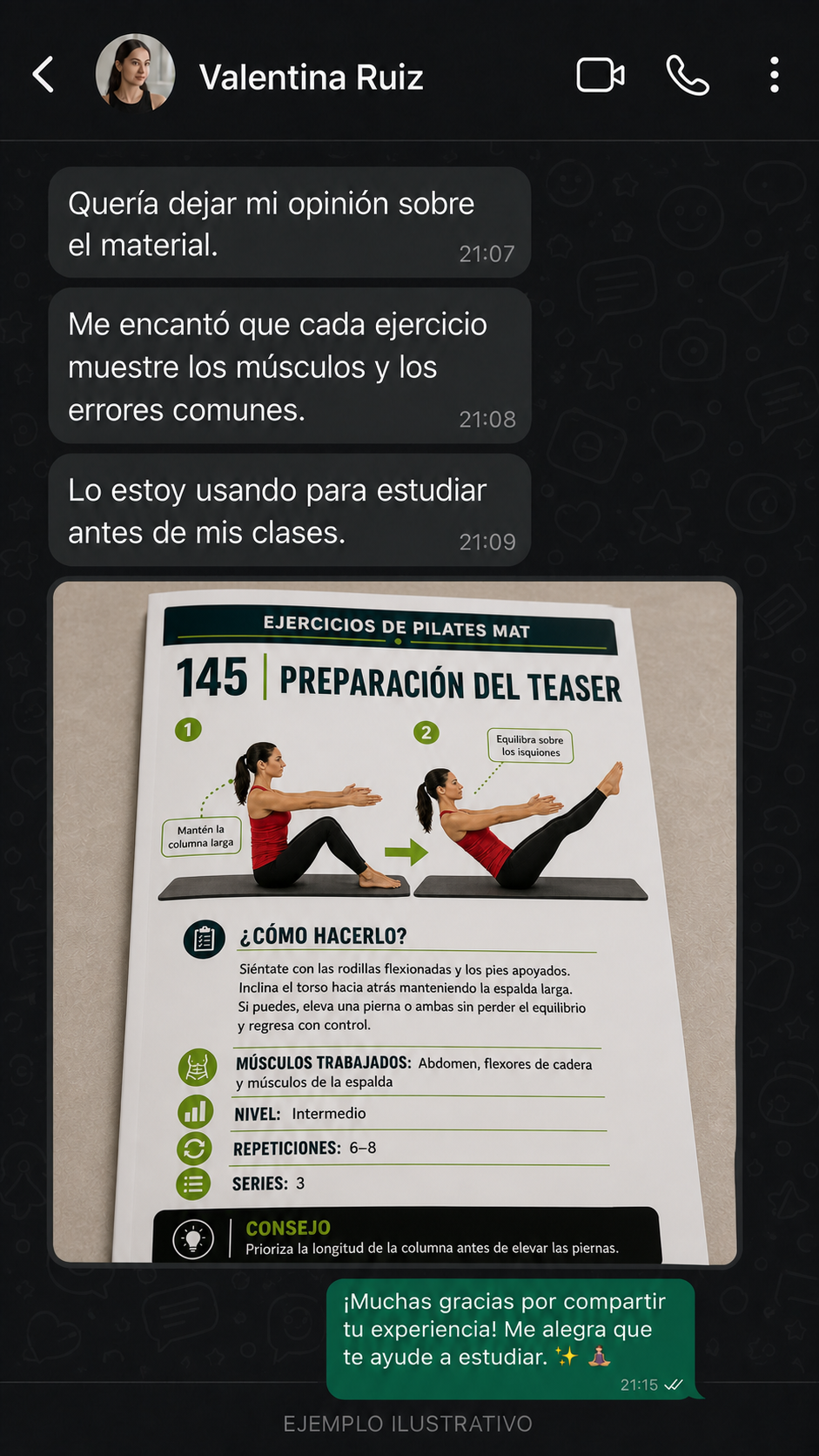 Ejemplo ilustrativo de conversación de Valentina Ruiz sobre el material de Pilates