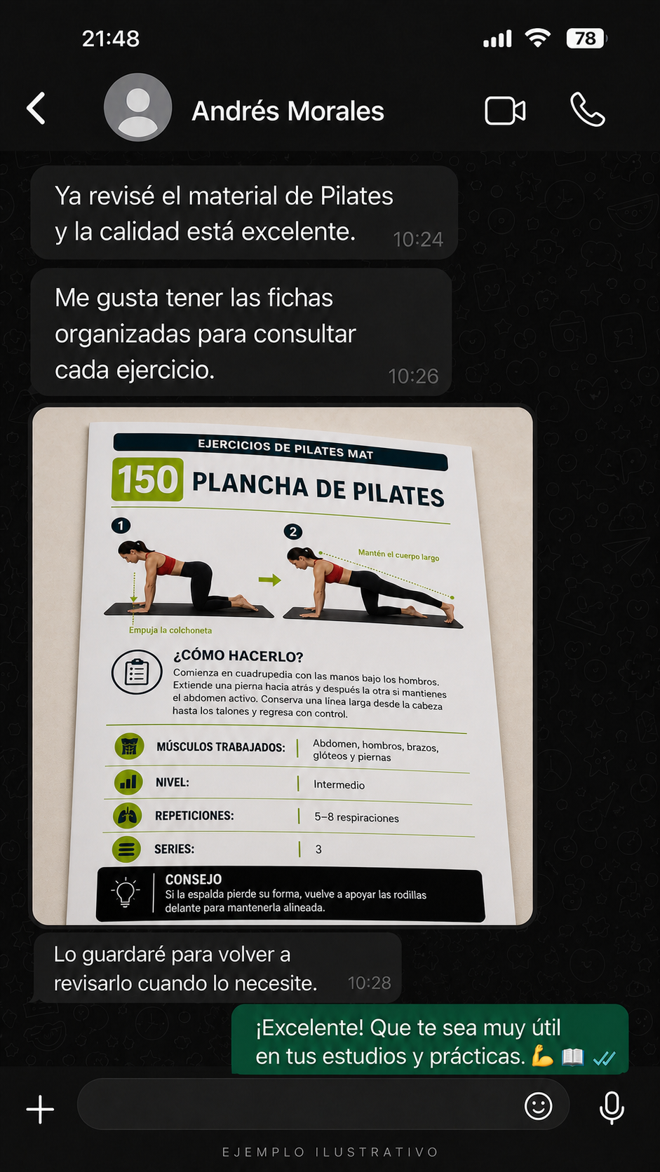 Ejemplo ilustrativo de conversación de Andrés Morales sobre el material de Pilates